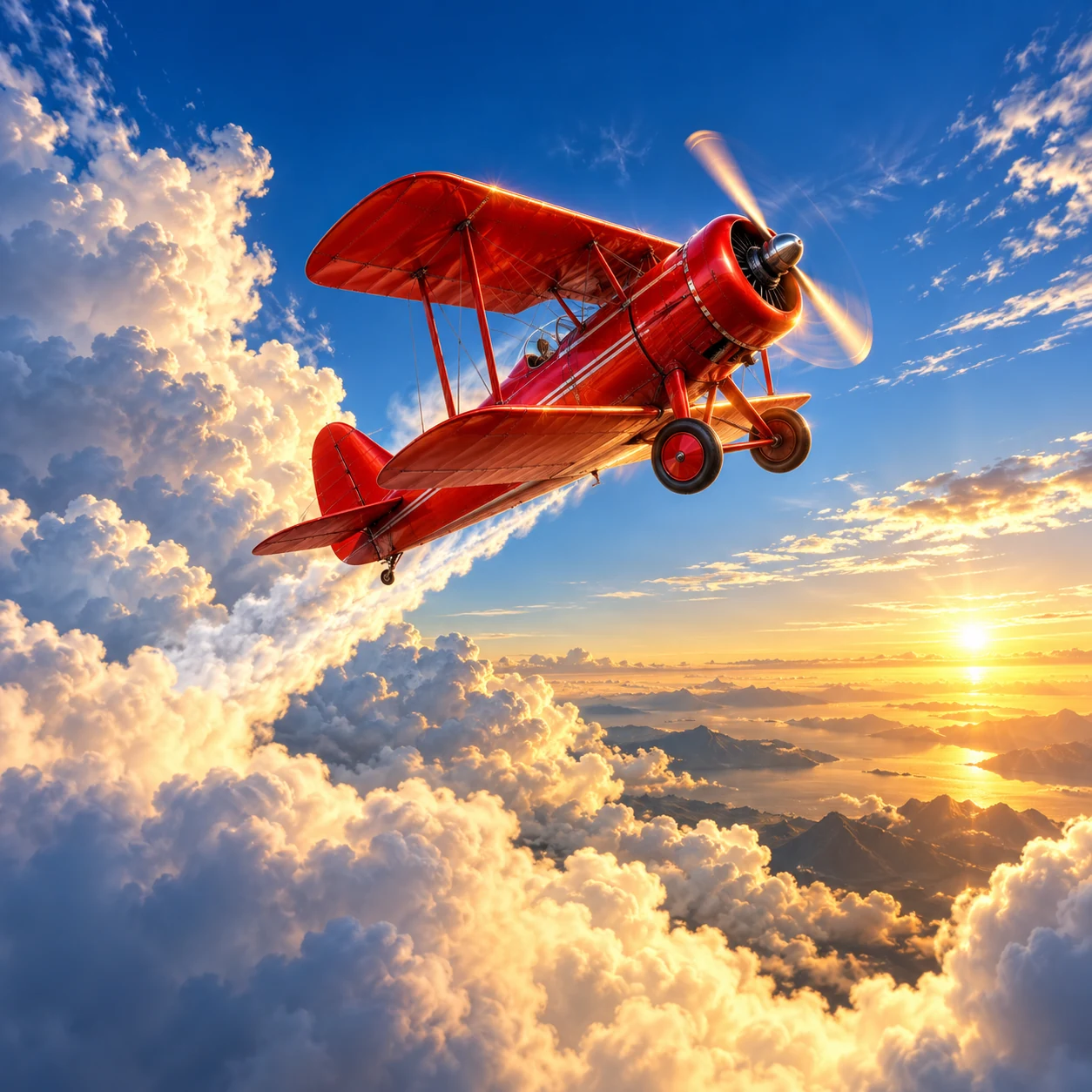 Editorial illustration of a red aircraft climbing through a bright cloudscape