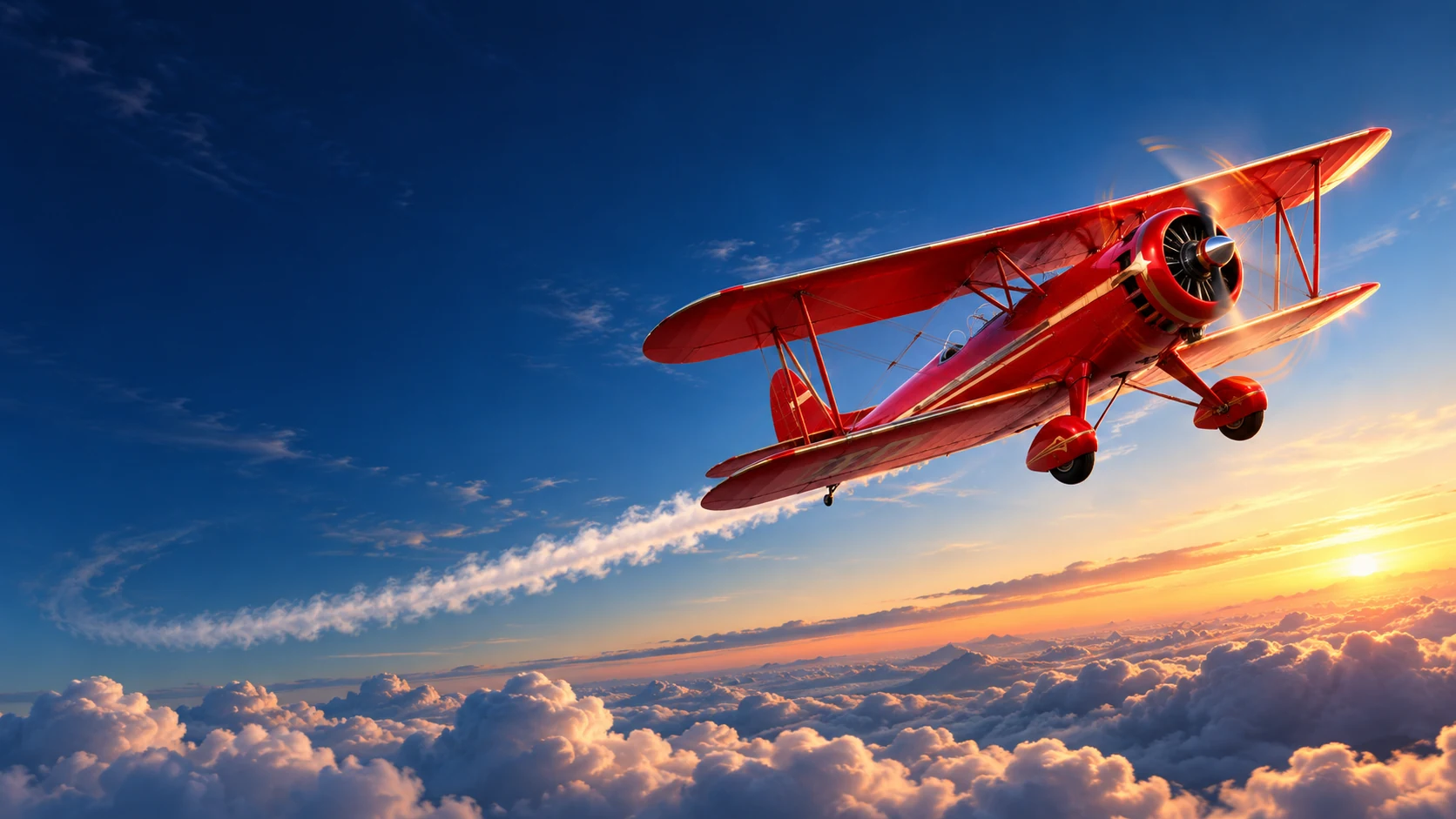 Original illustration of a red aircraft climbing above clouds at sunset